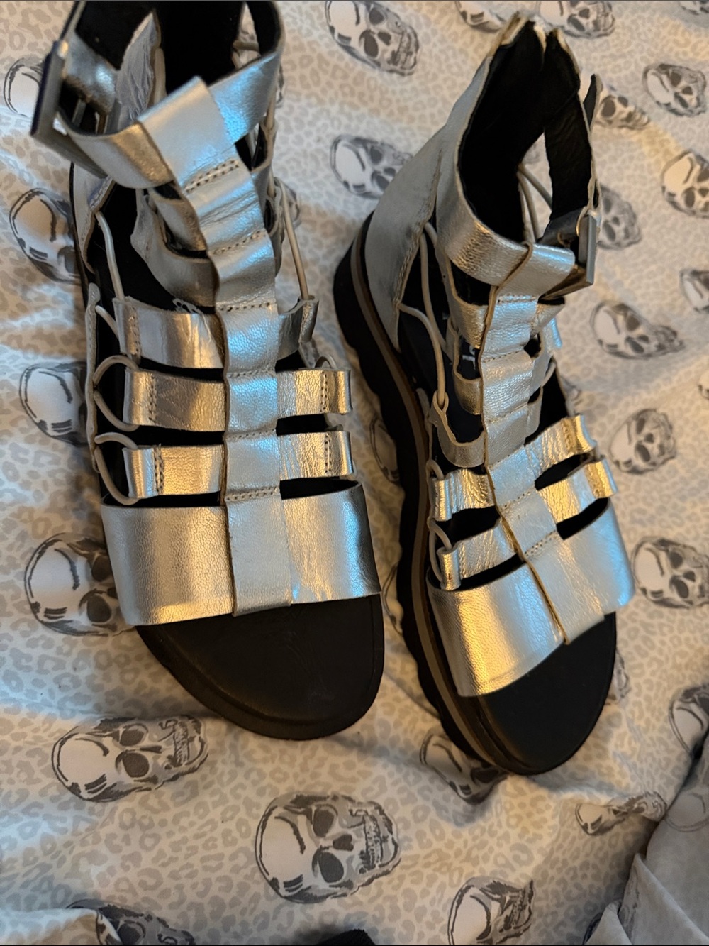 Free People Metallic Silver Strappy Gladiator Sandals